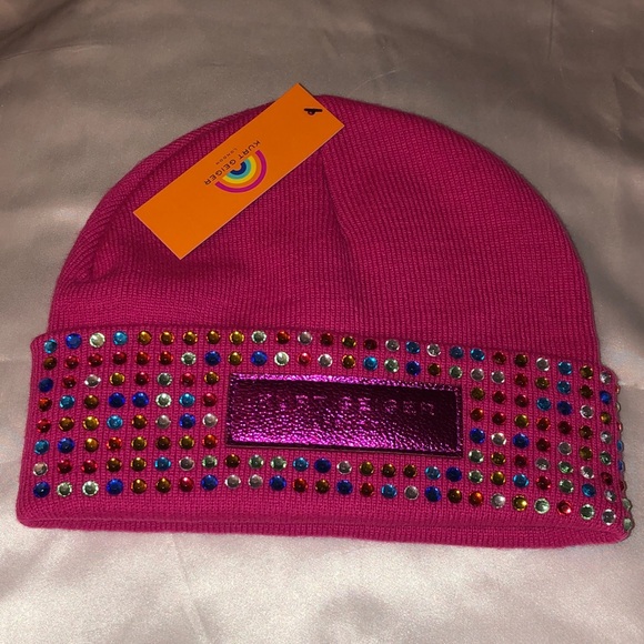 Kurt Geiger Fuchsia Logo Patch Cuffed Beanie Rainbow Crystal Accents OS NWT main image 13